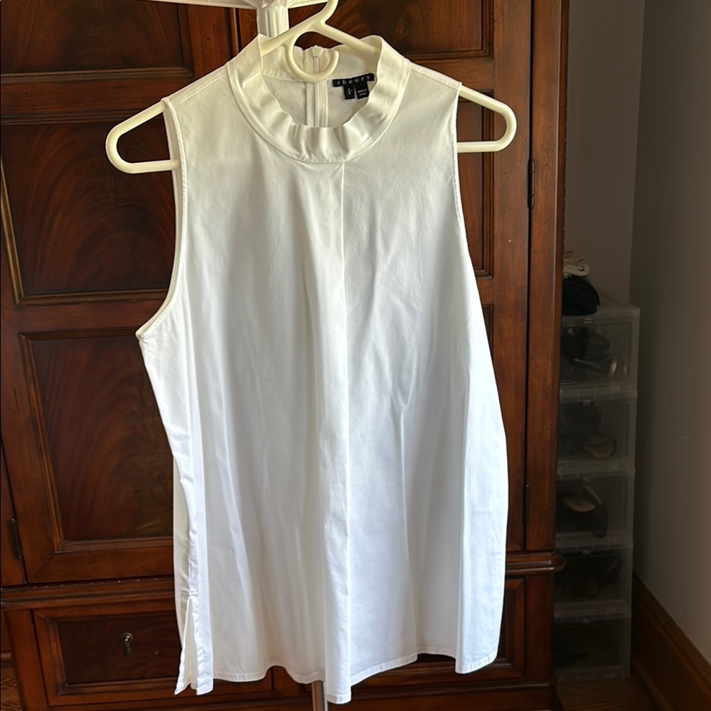 Theory White Ribbed Blouse with Mandarin Collar